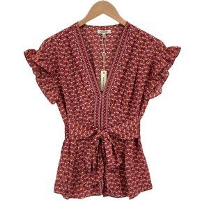 NWT $70 Max Studio Women's V-Neck Cap Sleeve Belted Blouse Top Size X-Small